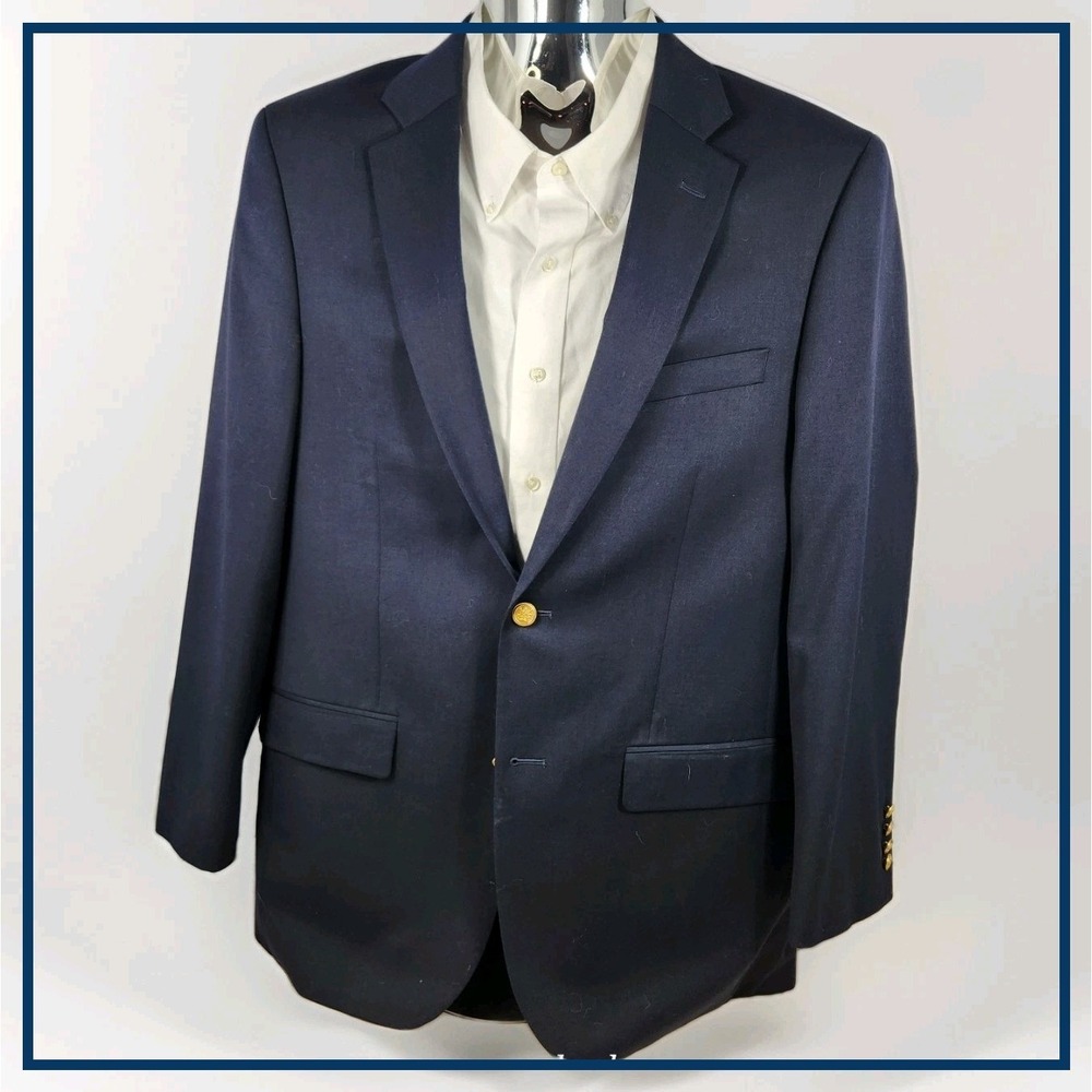 Men's Saddlebred Wool Blend Suit Jacket Blazer 42L Classic Navy & Gold Buttons